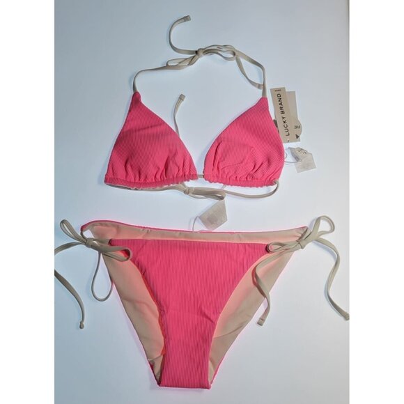 LUCKY BRAND 2 Piece Bikini Swim Suit Womens Size Medium Reversible Pink/White - Picture 1 of 8